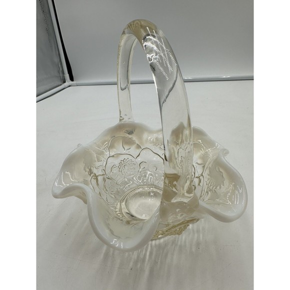 Fenton Handle Basket Bowl with Ruffled Edge Floral Pattern Opalescent Vintage - Picture 2 of 9